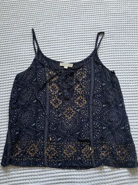 Lovestitch Navy Print Gold Sequin Lace Up Tank Top Boho Embellished M